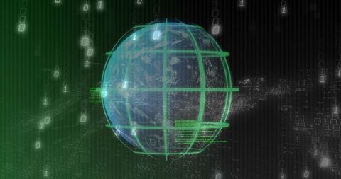 Futuristic Earth with Digital Grid and Binary Code Overlay