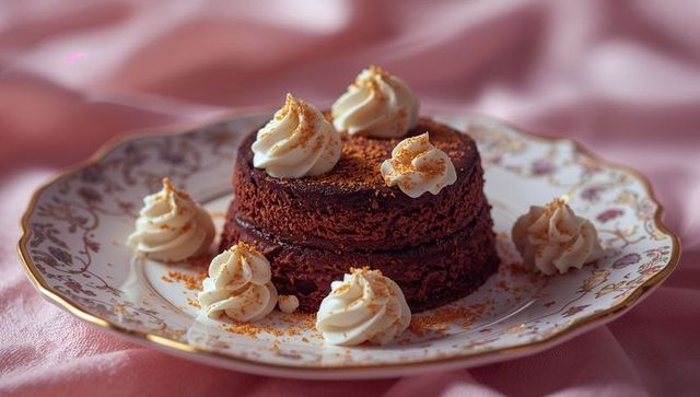 Elegant Chocolate Cake with Whipped Cream Rosettes on Vintage Plate