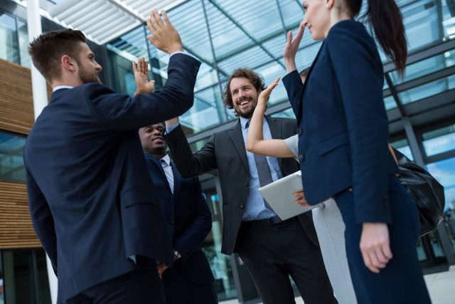 Group of business professionals celebrating success by giving high fives outside an office building. Ideal for use in corporate presentations, team-building materials, and business success stories.
