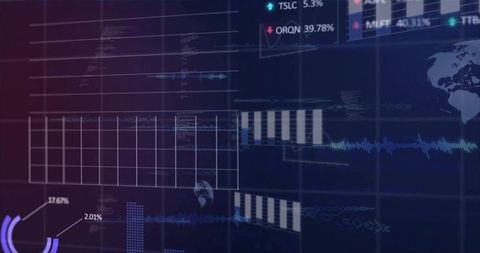 Futuristic financial dashboard displaying real-time analytics, waveforms and grid charts