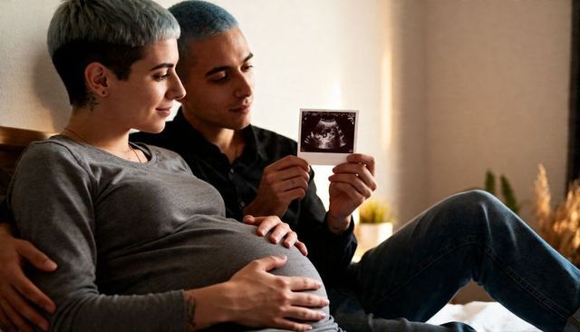 Expectant couple holding ultrasound while embracing pregnant belly in cozy bedroom