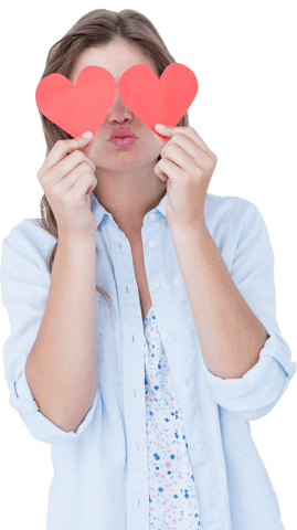 Woman Playfully Holding Heart Cards with Transparent Background