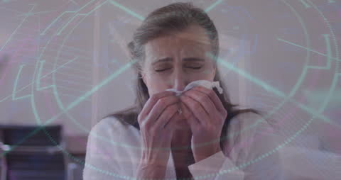 Senior Woman Sneezing with Digital Data Overlay