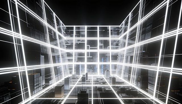 Neon wireframe cube surrounding futuristic city rooftops at night with holographic grid