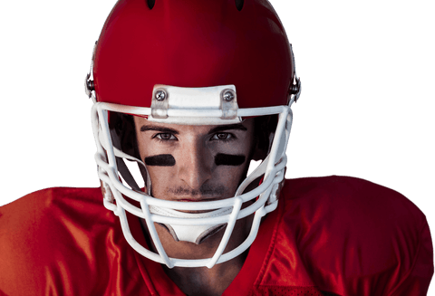 Serious rugby player in red helmet and gear transparent background