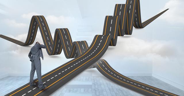 This surreal composition shows a businessman standing on wavy, chaotic roads surrounded by clouds. Effective representation for themes of business challenges, decision-making dilemmas, career paths, and facing uncertainties. Ideal for use in articles, presentations, and blogs related to management, personal development, psychology, and strategic planning.