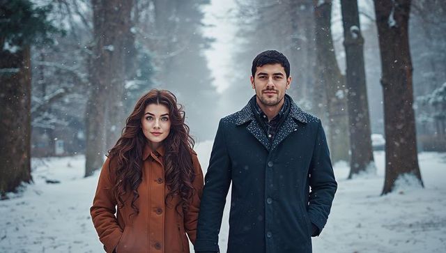 Couple Strolling in Winter Wonderland with Snowflakes Falling