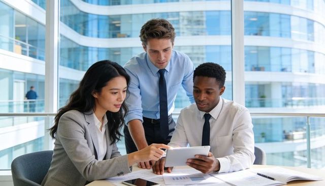 Executive team collaborating over tablet in modern glass office reviewing financial reports