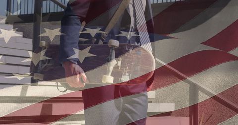 Businessman Holding Skateboard with American Flag Overlay