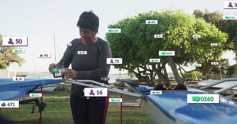 Senior woman checking phone beside rowing shell with social media notification overlays
