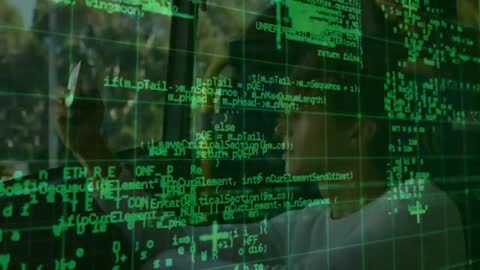 Teen with Smartphone Overlaid by Green Code on Moving Train