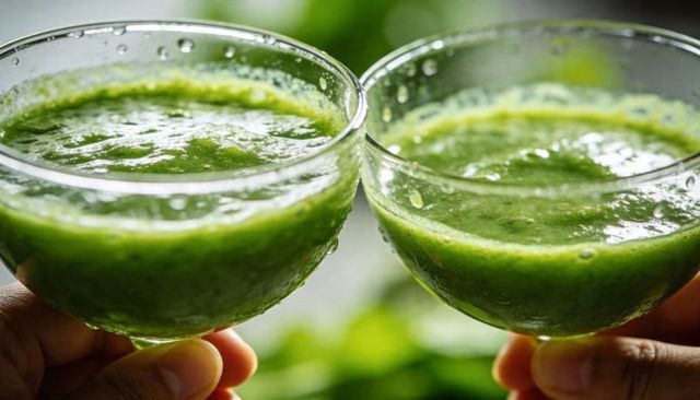 Holding two coupe glasses filled with bright green detox smoothie, clinking in garden