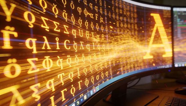 Curved ultrawide monitor streaming glowing glyphs and sparks from letter a on wooden desk