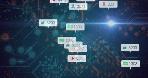 Futuristic Notification Overlay on Digital Circuit Board