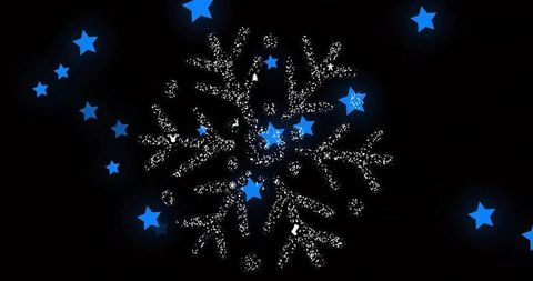 Radiating neon blue stars around sparkling white snowflake on black background