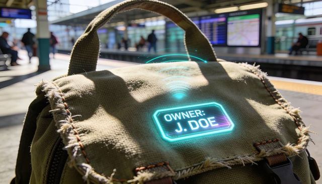Rugged canvas backpack displaying holographic owner tag at busy train platform commuter