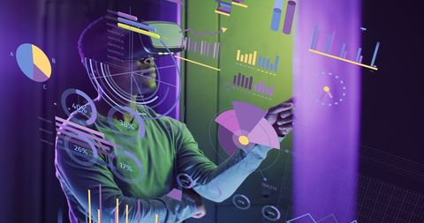 Innovative African American Businessman Using VR for Financial Data Analysis