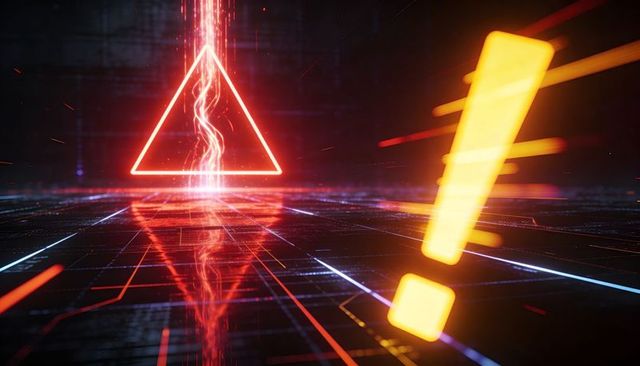 Neon warning triangle and glowing exclamation hologram over cyberpunk circuit grid