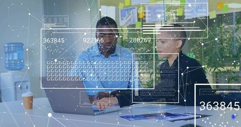 Black Man and Woman Collaborating on Holographic Data Dashboards for Business Analytics