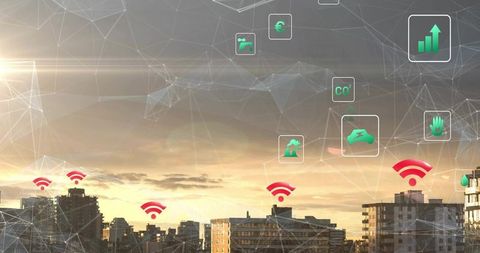 Smart city network overlay at sunset projecting wi-fi signals and iot data connections