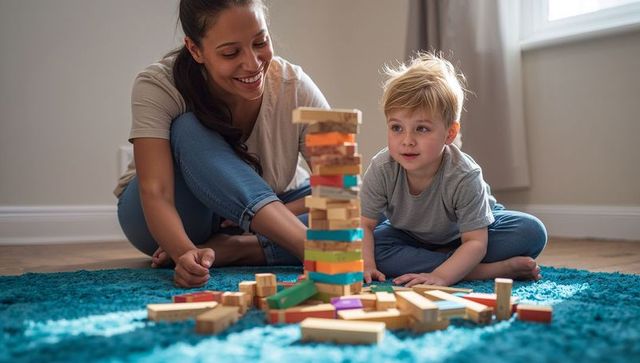 Smiling caregiver playing wooden block tower with toddler on turquoise rug at home
