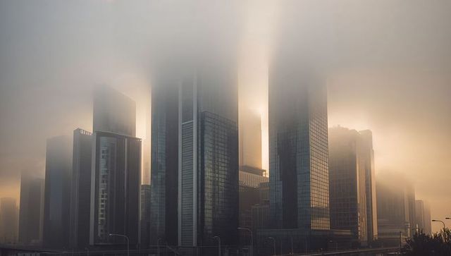 Fog-Blanketed Financial District Rising Through Golden Haze with Reflective Glass Towers