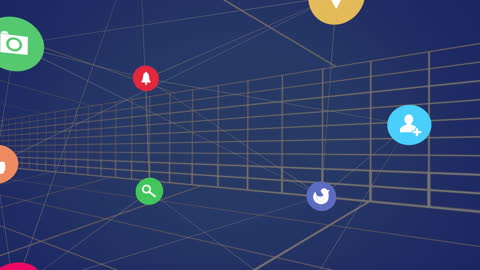 Social Media Icons Floating in Digital Network Grid