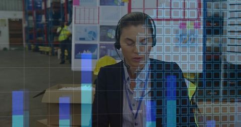 Warehouse leader coordinating order dispatch with headset monitoring analytics overlay