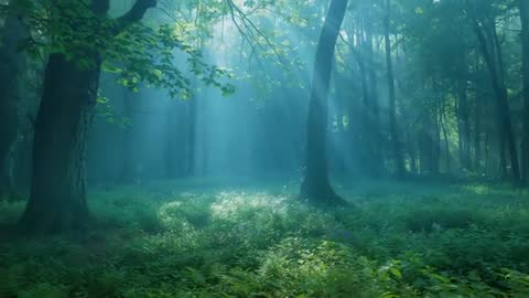 Sunbeams Piercing Mist in Dawn Forest Glade, Morning Light Streaming Through Trees, Illuminating Fer