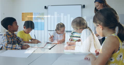 Interactive Classroom with Teacher Assisting Students and Graph Overlay