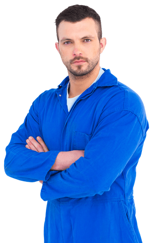 Transparent Portrait of Male Mechanic with Arms Crossed in Blue Overalls - Download Free Stock Videos Pikwizard.com