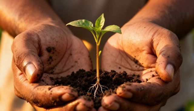 Hands Holding Seedling with Exposed Roots in Golden Light, Nurturing New Growth
