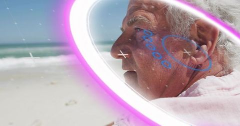Senior man gazing at shoreline, neon ring and blue doodle overlay, reflective seaside portrait