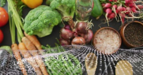 Rustic farm-fresh vegetables with numeric overlay for smart nutrition and food data
