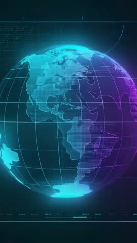 Spinning globe rotating eastward in neon digital gridlines for vertical technology video