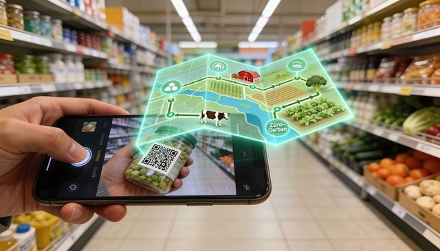 Shopper scanning qr jar with phone revealing augmented reality farm traceability map