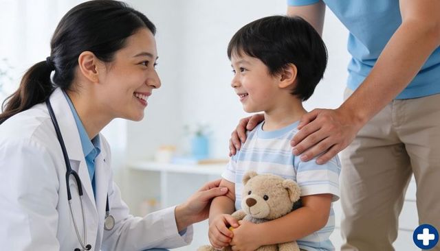 Smiling pediatrician comforting young boy holding teddy during friendly clinic visit with parent