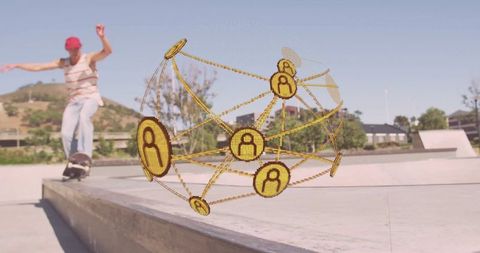 Skateboarder in urban park with technological network overlay