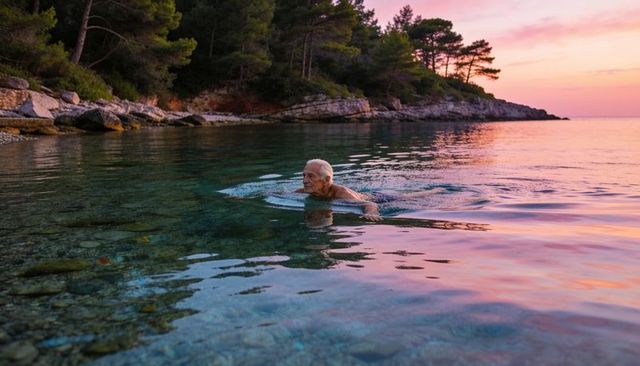 Senior man swimming in crystal clear pebbled water at pine rocky cove during pink sunset