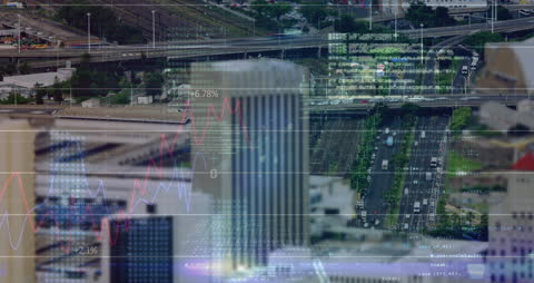 Digital Cityscape with Overlaid Statistical Data Visualizations