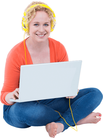 happy woman wearing yellow headphones using laptop transparent background - Download Free Stock Videos Pikwizard.com