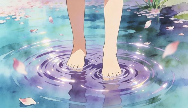 Bare feet stepping into pastel pond, creating ripples with floating cherry petals