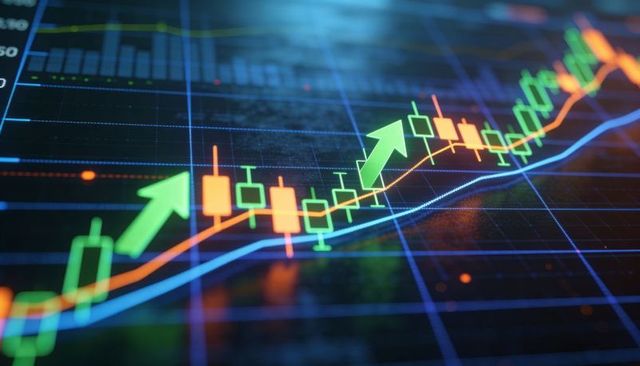 Neon candlestick chart rising with green arrows and moving averages for trading gains