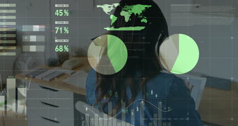 Financial Data Analytics Overlay with Businesswoman at Desk