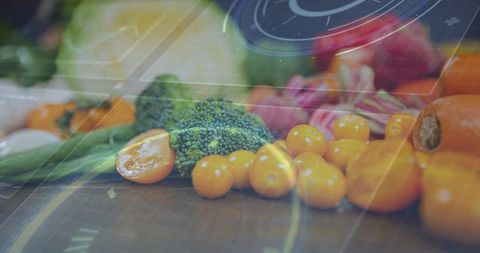 Fresh vegetable assortment with digital HUD overlay for smart nutrition and food tech