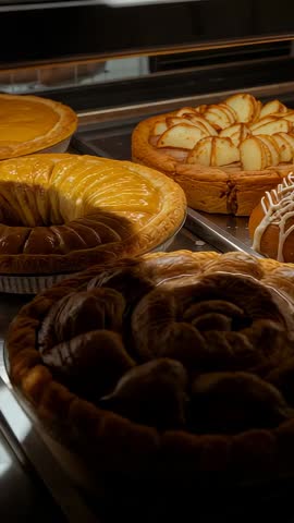 Vertical slow pan through bakery case capturing shadow crossing tarts and fruit swirl