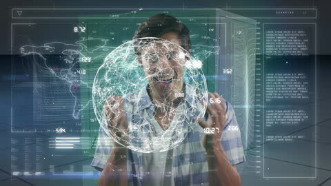 Man in VR Headset Interacting with Digital Globe and Data