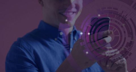 Smiling man using smartphone, purple HUD overlay interacting with futuristic AR interface