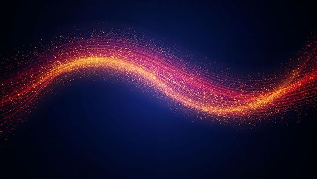 Streaming luminous neon ribbon curving across dark digital space with glowing particle trails