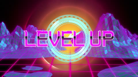 Retro Futuristic Digital Landscape with Level Up Text